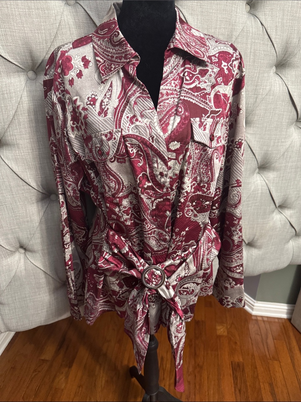 Jones New York Burgundy and Gray Paisley Blouse
